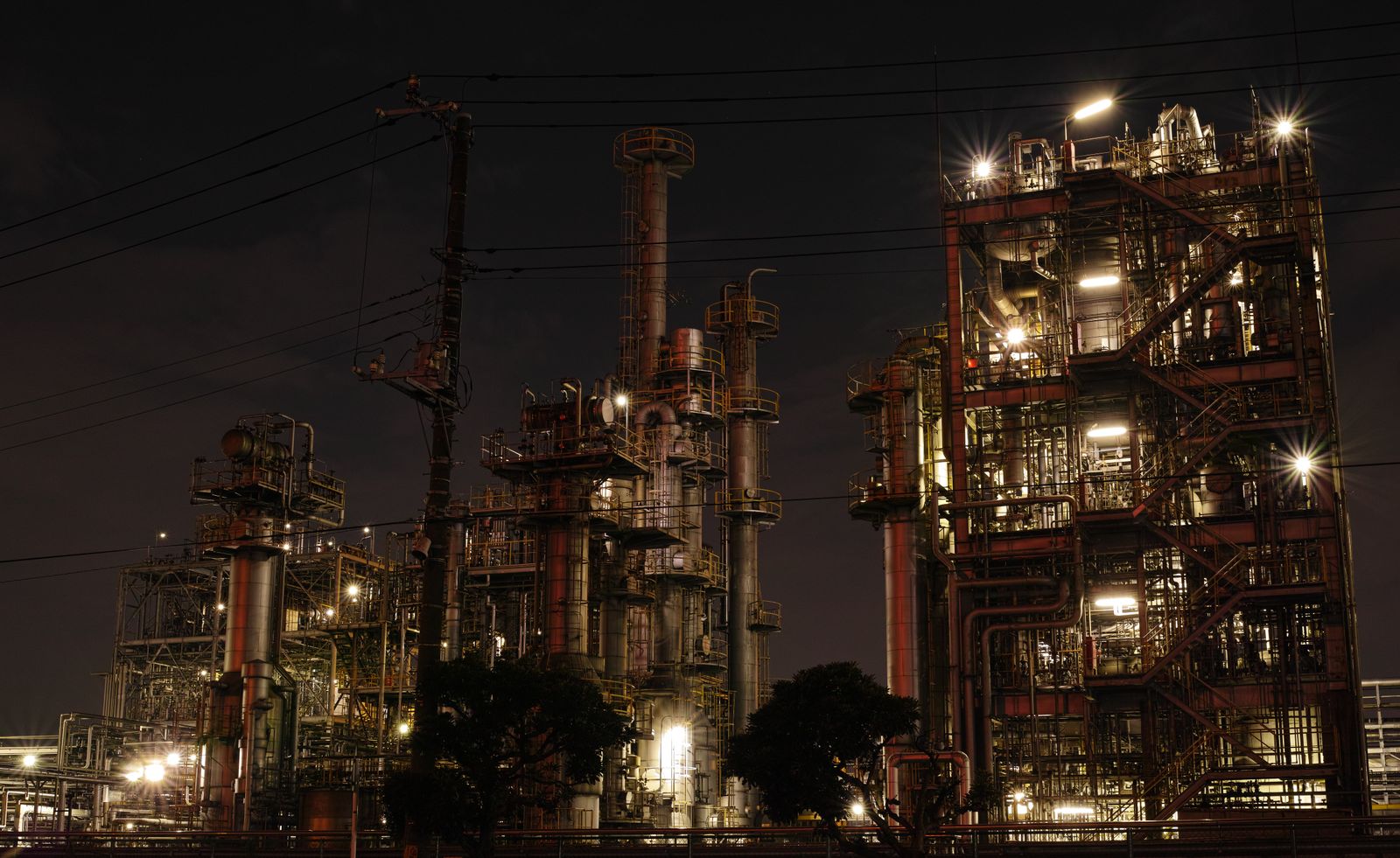 An industrial plant operating at night