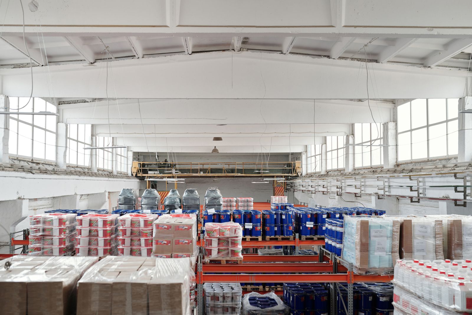 Stored industrial goods in a warehouse aisle